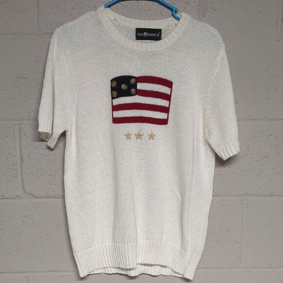 Sag Harbor White Sweater with Flag Design, Medium, Americana, Vintage - Picture 1 of 5